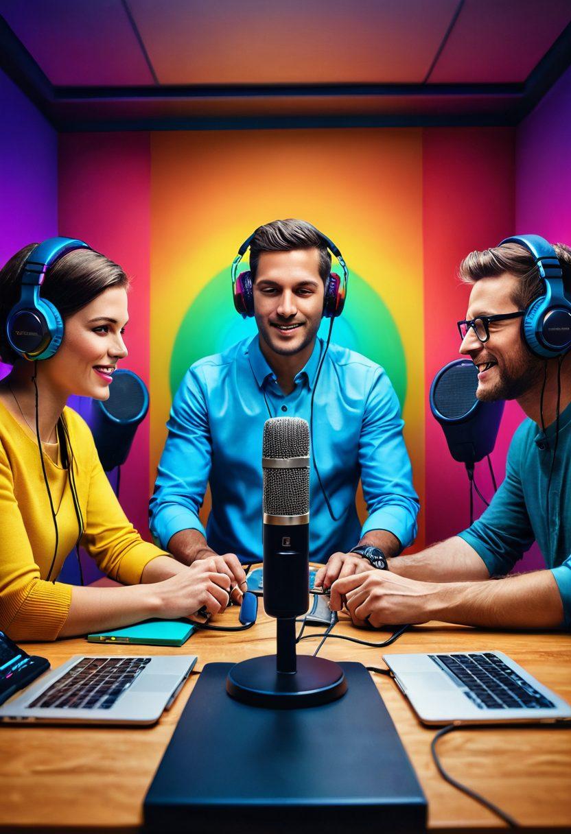 A dynamic scene depicting a modern podcast studio with colorful microphones and headphones, showing a diverse group of enthusiastic podcasters collaborating together. Visualize sound waves radiating from their conversation, blending into elements of an engaging blog on a screen, symbolizing the fusion of audio and written content. Bright, inviting colors enhance the modern aesthetic. super-realistic. vibrant colors. 3D.