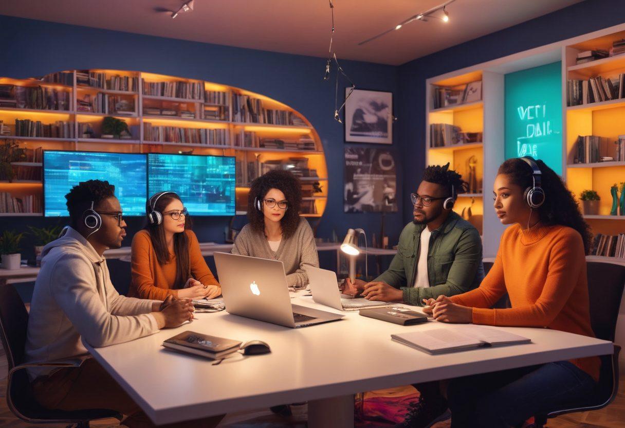 A dynamic scene featuring a futuristic podcasting studio with a diverse group of content creators passionately discussing ideas around a microphone, surrounded by audio waveforms and vibrant visual sound effects. The background depicts a cozy workspace with books and tech gadgets illustrating the blend of blogging and audio storytelling. super-realistic. vibrant colors. modern digital art.